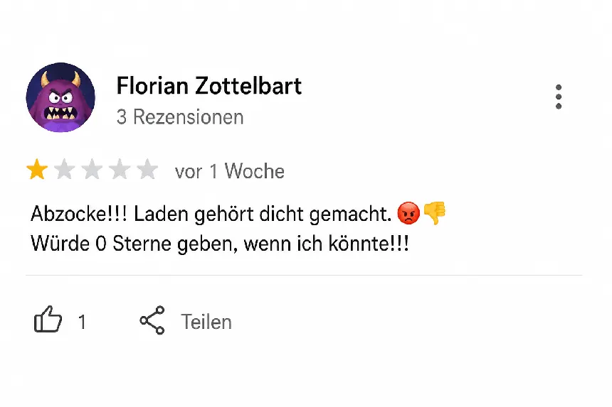 Beispiel einer negativen Google-Bewertung Nr. 1